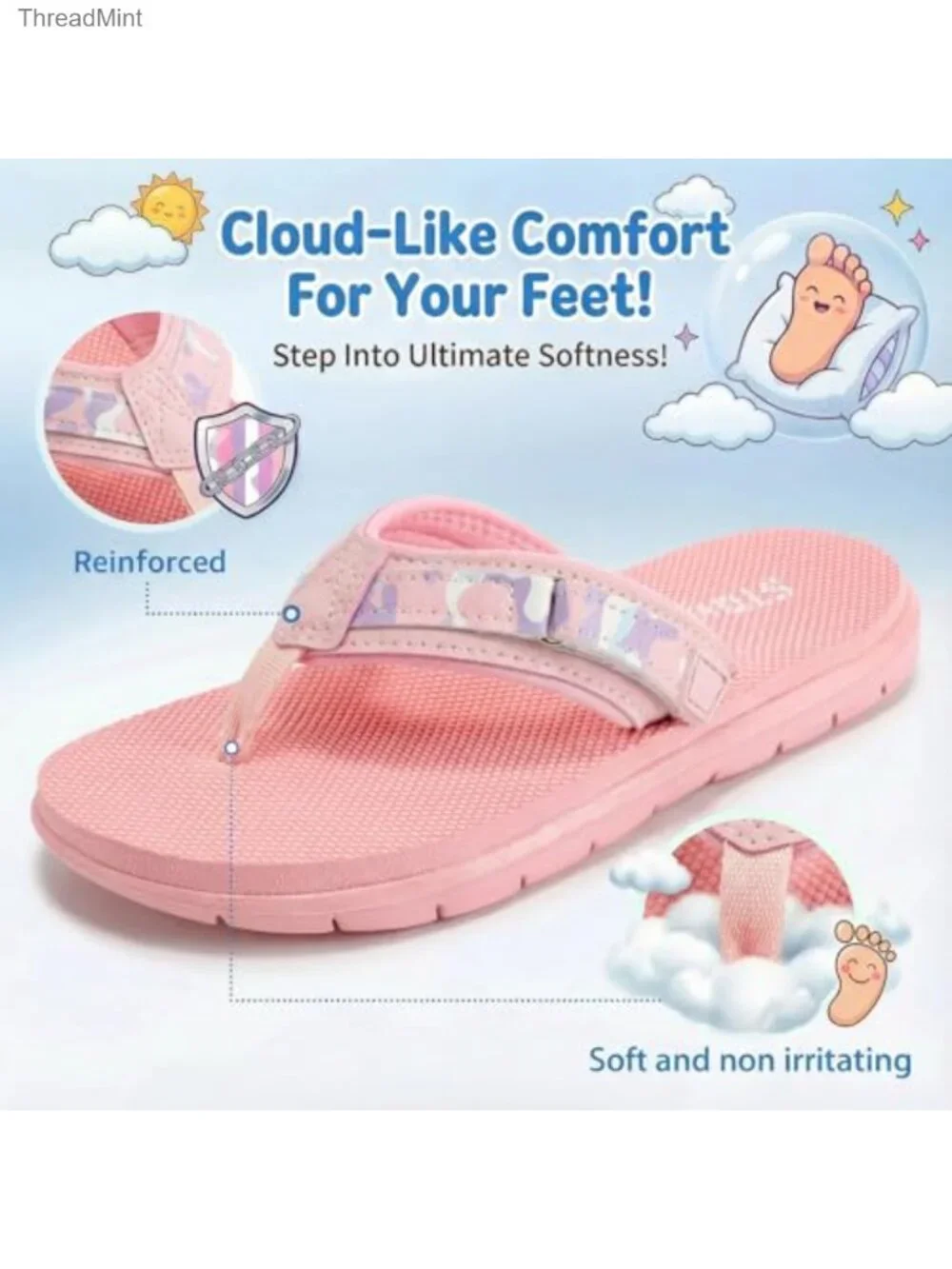 Kids Flip Flops Boys Girls Sandals Adjustable Buckle Non-Slip Summer Beach